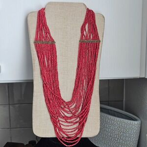 Necklace Multi-Strand Long Waterfall Red Mulberry Seed Bead Faceted Gold Tone